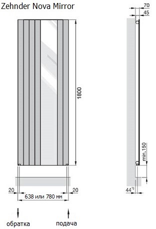 Фото NVM 180-6 Zehnder Nova Mirror  Дизайн-радіатор  1800x638, білий